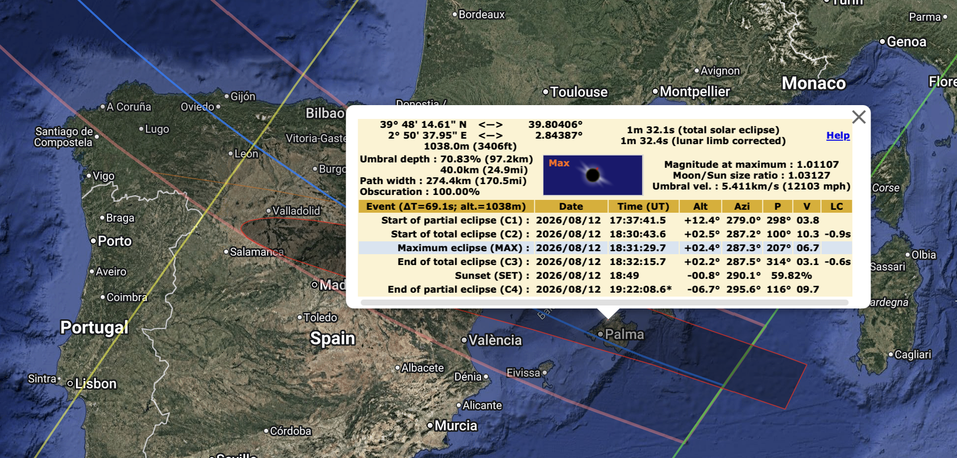 Xavier Jubier map: 2026 total eclipse path over Spain and the Balearics, popup with eclipse times for Palma, Mallorca